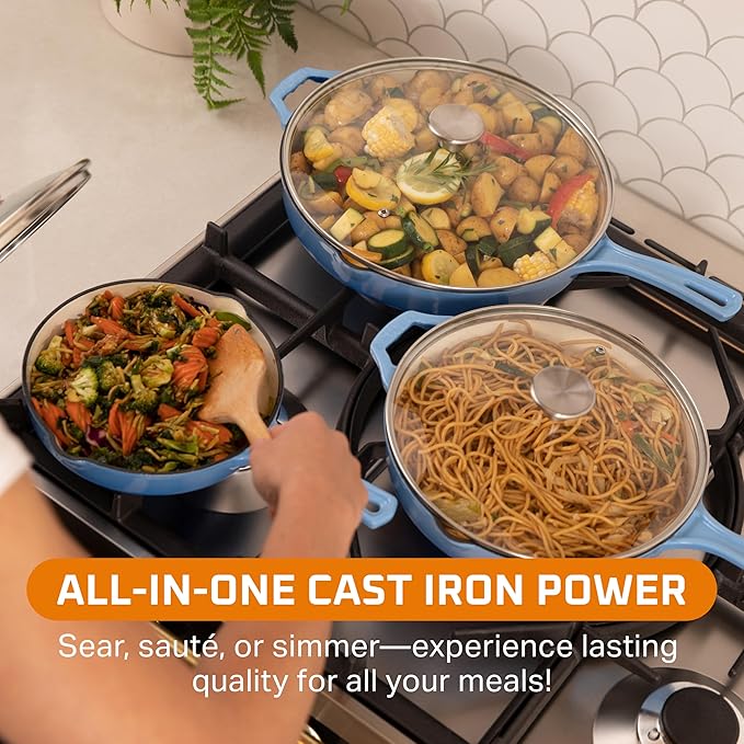 Bruntmor Enameled Cast Iron Frying Pan Set - 8" 10" 12" Blue Enamel Nonstick Skillets with Tempered Glass Lid - Oven Safe Egg and Grill Pan Set for Cooking, Searing, and Frying