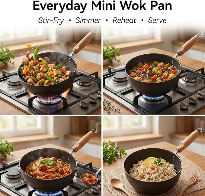 Small Wok Pan with Lid - 7-Inch (1.5QT) Mini Carbon Steel Wok, Flat Bottom Stir Fry Pan, Uncoated & Induction Ready, Ideal for Ramen, Soup, Eggs (1-2 Servings)