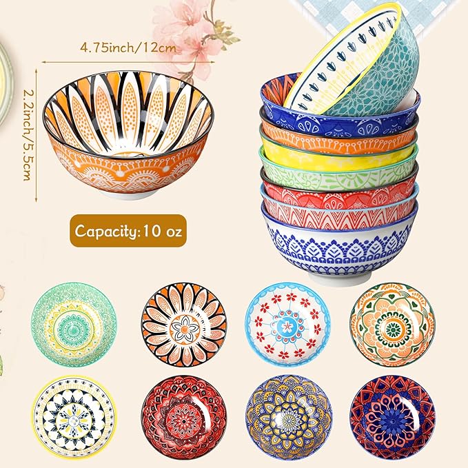 8 Pcs Colorful Ceramic Bowl Set 10 oz 4.75'' Porcelain Kitchen Soup Cereal Serving Bowls for Ramen Rice Dessert Snack Salad Ice Cream Pasta Oatmeal Microwave and Dishwasher Safe(Vintage)