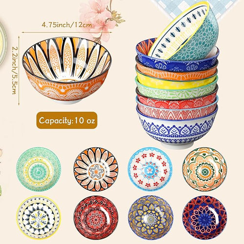 8 Pcs Colorful Ceramic Bowl Set 10 oz 4.75'' Porcelain Kitchen Soup Cereal Serving Bowls for Ramen Rice Dessert Snack Salad Ice Cream Pasta Oatmeal Microwave and Dishwasher Safe(Vintage)