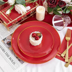 NOCCUR 350PCS Red Plastic Plates - Disposable Red Gold Dinnerware Set for 50 Guests, 100 Dinner/Dessert Plates, 150 Gold Silverware, 50 Cups&50 Napkins for Party/Wedding/Mother's Day