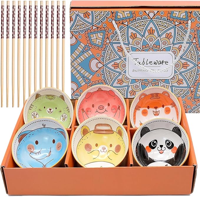 6 PCS Ceramic Rice Bowls, Cute Cartoon Small Dessert Bowl, Cereal Bowls Serving Bowl Gift Set, for Oatmeal, Ice Cream, Salads, Soups