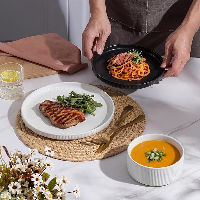E-far 12-Piece Plates and Bowls Sets, Stoneware Dinnerware Dishes Sets for 4, Chip & Scratch Resistant Ribbed Dish Set for Home Restaurant, Microwave & Dishwasher Safe Speckled White & Matte Black