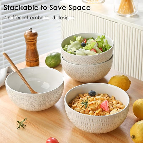 40 OZ Large Cereal Bowls Set of 4, Farmhouse Embossment Ceramic Salad Bowls for Soup, Serving, Fruit, Snack, Noodle, Ramen, Pho, Microwave & Dishwasher Safe, 6.7 Inch White