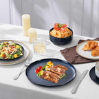 Herogo 12-Piece Stoneware Dinnerware Sets for 4, Dinner Plates and Bowls Sets, Double Reactive Glaze Dishware Place Setting for Kitchen, Scratch Resistant, Microwave Safe, Ivory White & Starry Blue