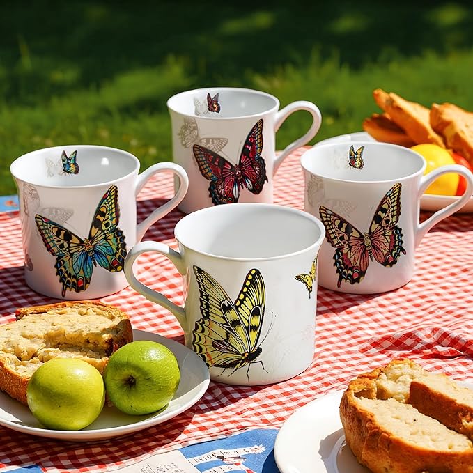 Ceramic Coffee Mugs Set of 4, 12 Oz Butterfly Pattern, Microwave and Dishwasher Safe, Comfortable Handles, Gifts for Women and Men, for Coffee, Tea, Latte, Cappuccino