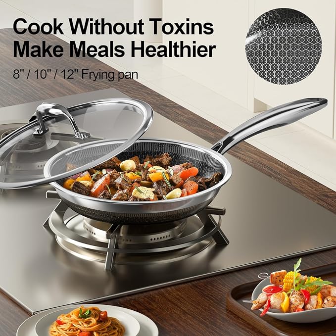 FogDream Non Stick Frying Pans, 12 Inch Stainless Steel Skillet with Tempered Glass Lid Tri-Ply Stainless Steel for All Cooktops, Dishwasher & Oven-Safe Cooking Pan, Stay-Cool Handle, Silver