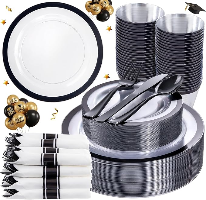 Liacere 350PCS - Clear Plates with Black Rim for 50Guests Dinnerware Include 100 Clear Plates disposable 150 Black Silverware 50 Napkins for Party & Graduation