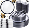 Liacere 350PCS - Clear Plates with Black Rim for 50Guests Dinnerware Include 100 Clear Plates disposable 150 Black Silverware 50 Napkins for Party & Graduation