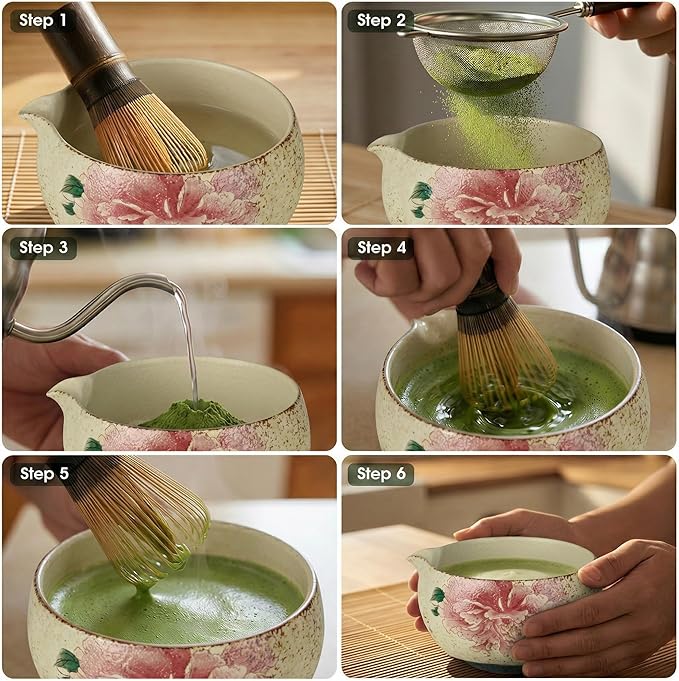 Matcha Whisk Set, 7-Piece Matcha Kit with Ceramic Bowl, Bamboo Whisk, Scoop, Sifter, Holder & Bamboo Mat – Premium Matcha Tea Set for Beginners & Matcha Lovers, Gift Ready
