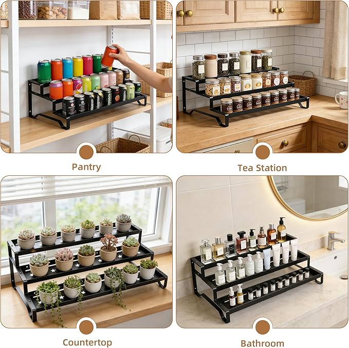 Expandable Spice Rack Organizer for Cabinet 3 Tiered Metal Seasoning Organization with Guardrails Spice Shelf Storage for Jars Adjustable Length 13"-21" Black 2Pack