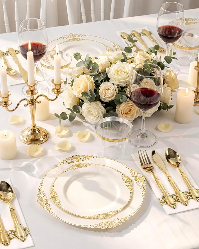 Morejoy 175 PCS Lvory Plastic Plates - Lvory Gold Plastic Dinnerware Set Include 25Dinner Plates, 25Dessert Plates 50Cutlery, 25Cups, 50Napkin Perfect for Party & Wedding