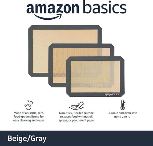 Amazon Basics Rectangular Non-Stick Silicone Baking Mat, Food Safe, Heat Resistant, 9"x13", 9.9"x14.8", and 16.5"x11.6", Beige/Gray, Pack of 3