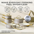 Farberware Forged Induction Ceramic Nonstick Pots and Pans Set with Cooking Tools, Dishwasher Safe, Gold Color Stainless Steel Handles, 12 Piece Cookware Set - Taupe