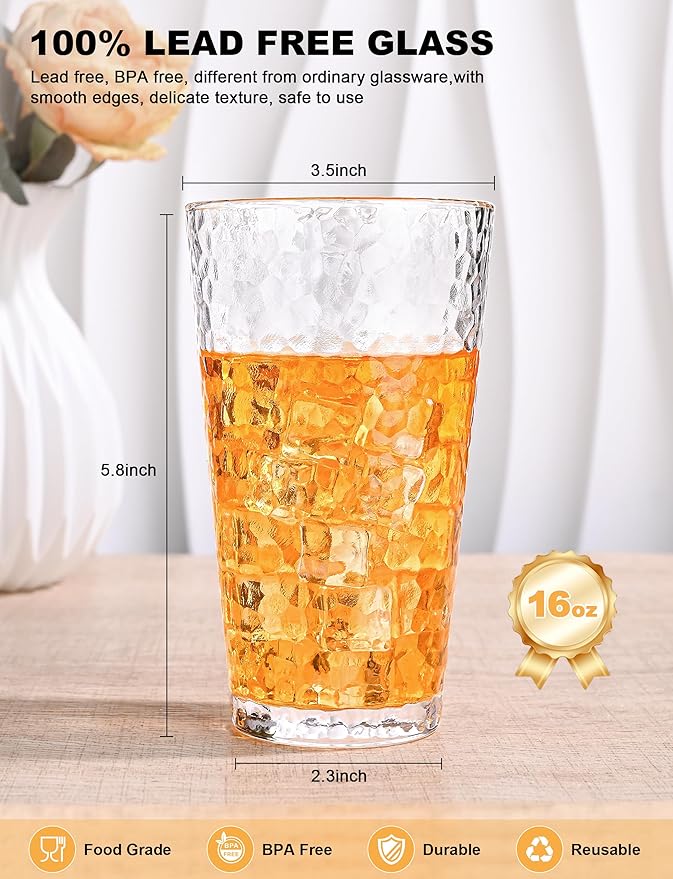 Amyoole Drinking Glasses Set of 8,16oz Clear Highball Water Glasses,Stackable Lead-Free Hammered Glass Cups,Kitchen Drinkware Glassware for Cocktail,Beer,Juice,Iced Tea,Margaritas and Mixed Drinks