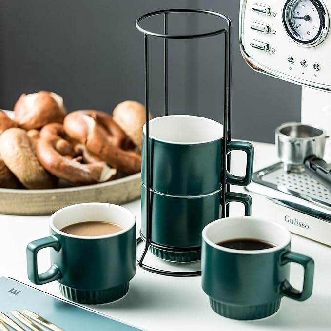 Miamolo Stackable Coffee Mugs Set of 4 with Holder Spoons 11oz Ceramic Cappuccino Cups for Espresso Latte Tea Drinks, Dishwasher & Microwave Safe, Green