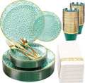 DaYammi 175 Pcs Green Plastic Plates Dinnerware Set (25 Guests), Hammered Plates Sets, Green Party Platos Set include 50 Disposable Platos, 75 Gold Plastic Silverware, 25 Cups 25 Napkins