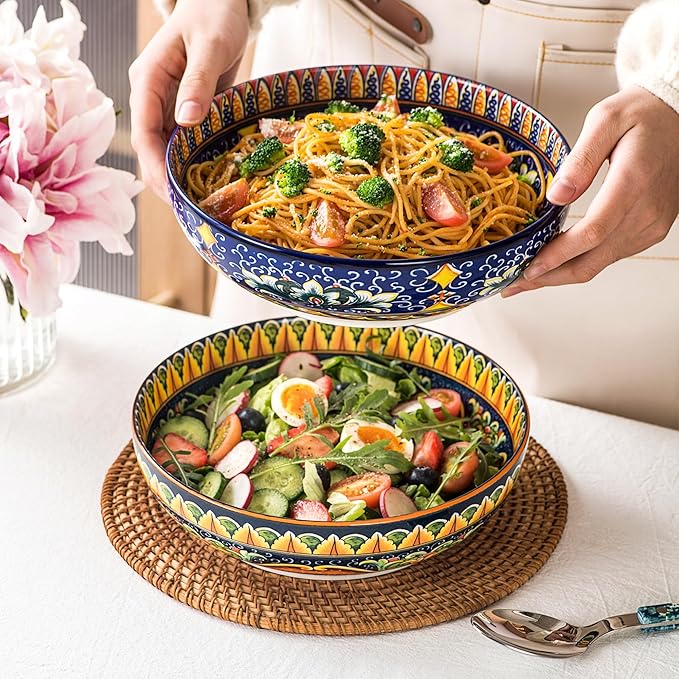 Henten Home Porcelain Pasta Bowls Set of 2, Ceramic 50 oz Soup Bowl, Colorful Large Salad Bowls, Bohemia Style Serving Bowls Set for Noodles, Microwave & Dishwasher Safe (B)