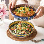 Henten Home Porcelain Pasta Bowls Set of 2, Ceramic 50 oz Soup Bowl, Colorful Large Salad Bowls, Bohemia Style Serving Bowls Set for Noodles, Microwave & Dishwasher Safe (B)