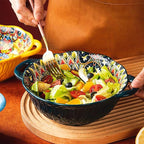 2 Pack Boho Ceramic Serving Bowls with Handles, 40 Oz Porcelain Salad Bowls, Large Serving Dishes for Entertaining, Mixing Bowls for Soup, Stew, Pasta, Cereal, Colorful Embossed Cute Bowls Set SH