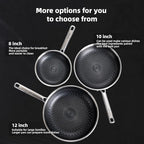 Non Stick Frying Pan with 3 Lids, 8+10+12 Inch, Hybrid Frying Pans Set Nonstick, Skillets Stainless Steel Upgrade, Dishwasher & Oven-Safe, Induction Compatible, PFOA Free Cookware.