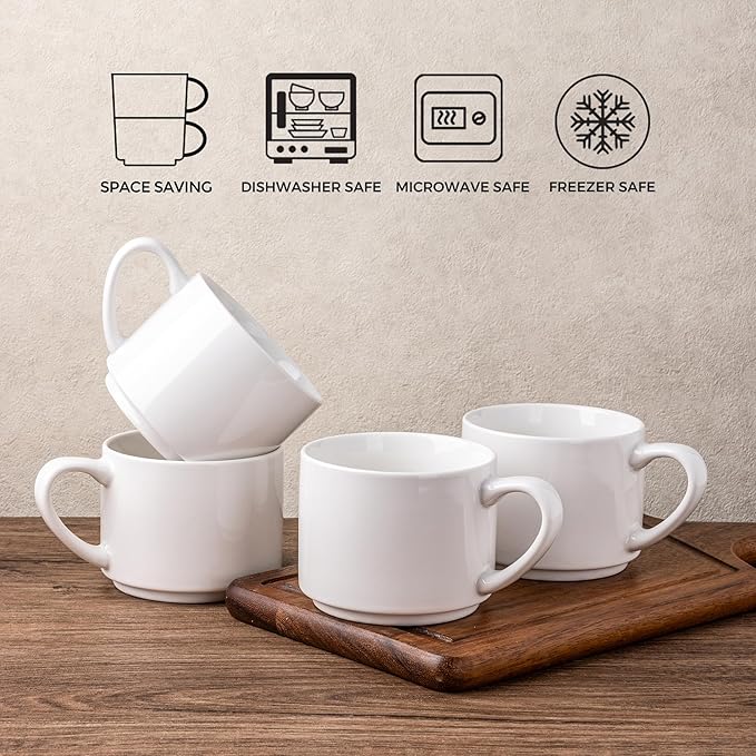 GBhome 14 OZ Coffee Mugs Set of 6, Stackable Ceramic Mugs for Men, Women, Modern Coffee Mugs With Stable Base for Latte,Tea,Cappuccino. Dishwasher & Microwave Safe, White