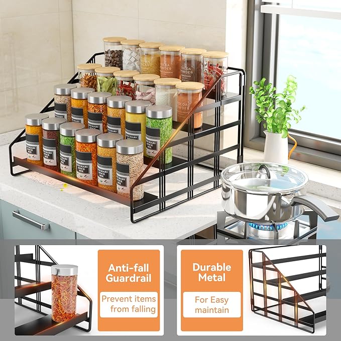 Spice Rack 4 Tier Kitchen Cabinet Organizer,Countertop Spice Rack,Tier Depth Adjustable Cabinet Shelf,Step Spice Organization Easy Visibility,Holds Seasoning and Condiments 2Pack