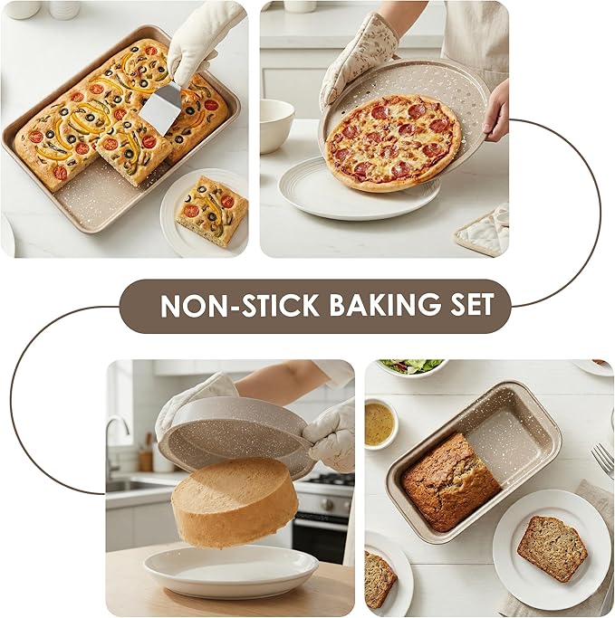 11 Piece Baking Set | Nonstick & Non Toxic Bakeware Sets Baking Pans Set | Carbon Steel Baking Supplies Include Notebook, Cookie Sheets, Roasting Pan, Muffin Pan, Cake Pan, Pizza Pan, Loaf Pan