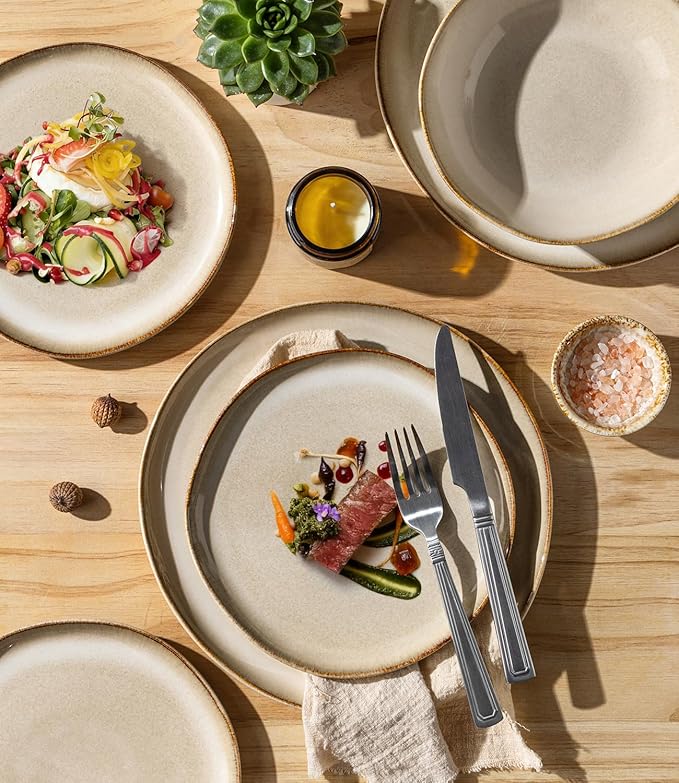 GBHOME Stoneware Dinnerware Sets for 6, 18 Pieces Rustic Ceramic Plates and Bowls Set, Handmade Reactive Glaze Plate Sets, Highly Chip Resistant Dishes, Microwave & Dishwasher Safe, Oatmeal Linen