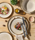 GBHOME Stoneware Dinnerware Sets for 4, 12 Pieces Rustic Ceramic Plates and Bowls Set, Handmade Reactive Glaze, Highly Chip Resistant Dishes, Microwave & Dishwasher Safe, Oatmeal Linen