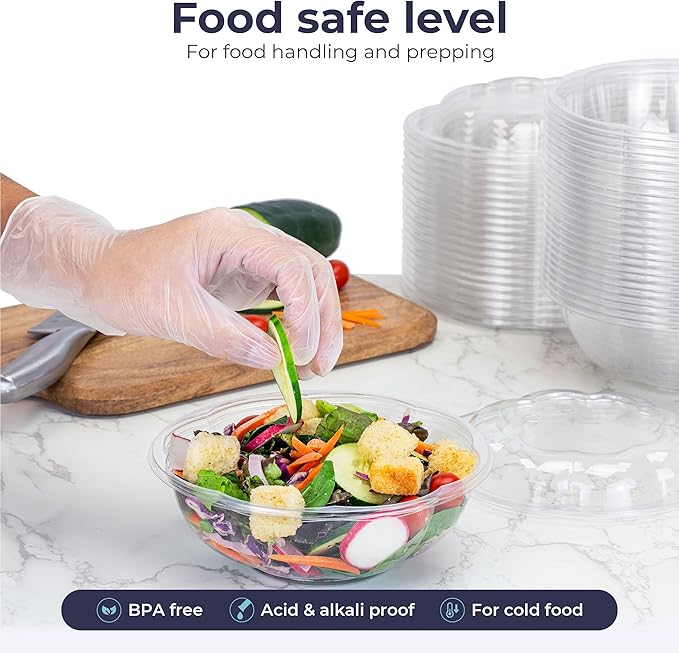 Fit Meal Prep 150 Pack 24 oz Disposable Plastic Clear Salad Bowls with Airtight Lids - To Go for Lunch, Takeout, Party, Catering, Picnic