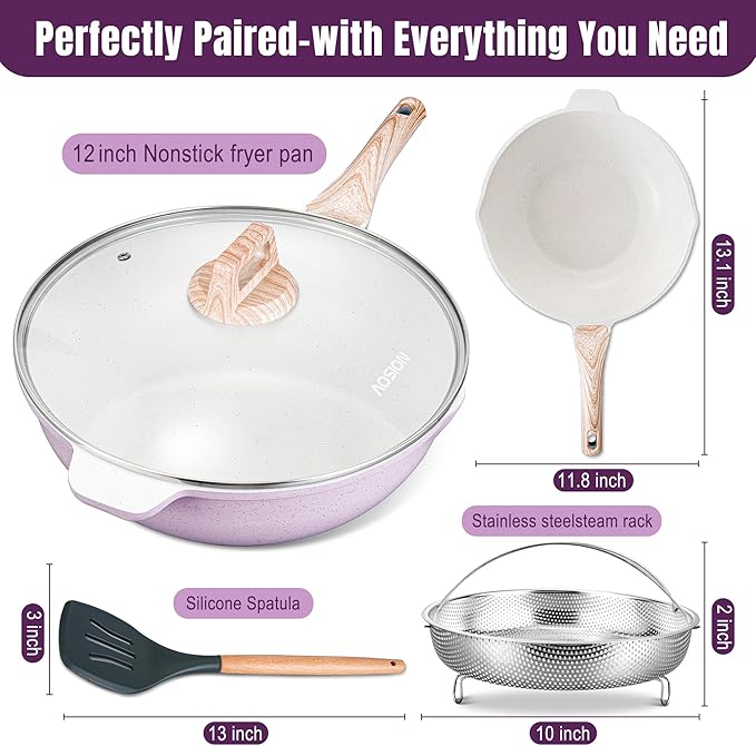 AOSION 12 Inch Nonstick Ceramic Deep Frying Pan Skille with Lid,5.5QT Sauté Pan for Cooking with Steam Rack,Healthy Large Skillet,Stay Cool Handle, Induction Compatible, PFOA & PFAS Free. (PURPLE)