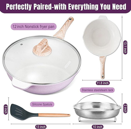AOSION 12 Inch Nonstick Ceramic Deep Frying Pan Skille with Lid,5.5QT Sauté Pan for Cooking with Steam Rack,Healthy Large Skillet,Stay Cool Handle, Induction Compatible, PFOA & PFAS Free. (PURPLE)