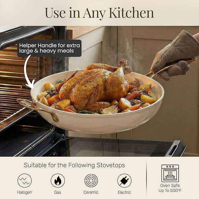 GOTHAM STEEL 14 Inch Nonstick Frying Pan with Lid, Large Ceramic Skillet for Family, Non Toxic PFOA PFOS PFAS Free, Oven & Dishwasher Safe 500°F, Even Heat Distribution, Cream