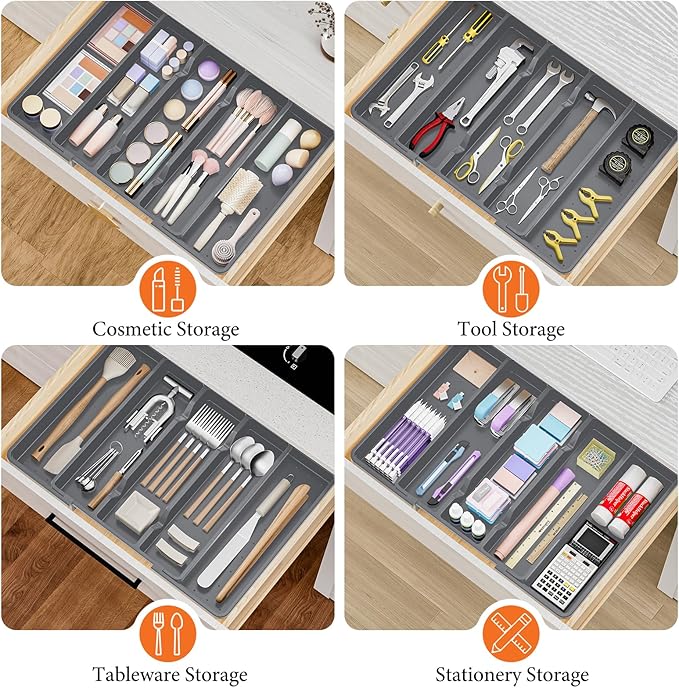 Silverware Organizer, Expandable Utensil Drawer Organizer for Kitchen Drawers, Kitchen Drawer Organizer for Spoons/Forks/Knives, Multipurpose & BPA Free Cutlery Tray, Grey, 2 Pack