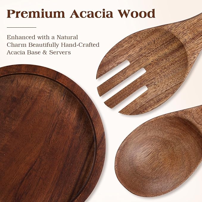 Extra Large 3.8QT Glass Salad Bowl Set, 3600ml Clear Serving Bowl with Acacia Wood Base & Wooden Utensils - Decorative Mixing Bowl for Kitchen, Party, Thanksgiving - Elegant Wooden Salad Bowl