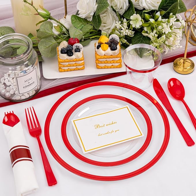Liacere 350PCS Clear and Red Plastic Mothers Day Plates and Napkins for 50Guests Plastic Dinnerware Set:100 Red Disposable Plates 50 Pre Rolled Napkins with Cutlery,50 Cups for Mothers Day&Graduation