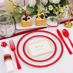Liacere 350PCS Clear and Red Plastic Mothers Day Plates and Napkins for 50Guests Plastic Dinnerware Set:100 Red Disposable Plates 50 Pre Rolled Napkins with Cutlery,50 Cups for Mothers Day&Graduation