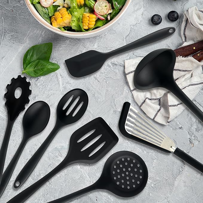 Silicone Kitchen Utensils Set, 8 PCS Heat Resistant Non Stick Cooking Tools, Silicone Spatula/Turner/Serving Spoon/Soup Ladle/Slotted Spoon/Pasta Server/Skimmer/Fish Spatula (Black)