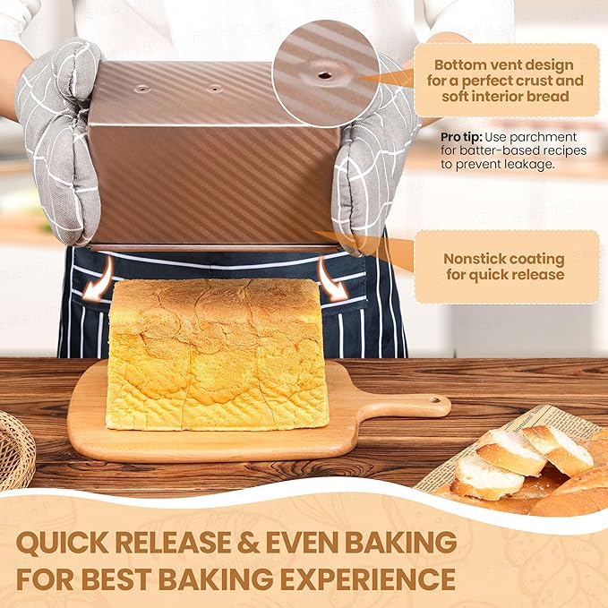 Pullman Loaf Pan with Lid, Premium 1 lb Dough Sandwich Nonstick Bread Pan with Lid for Homemade Bread, Heavy Duty Carbon Steel Corrugated Pullman Toast Box with Cover for Baking, Bakeware