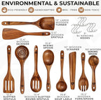 Wooden Spoons for Cooking – 10 Pcs Premium Teak Wooden Utensil Set with Hooks - Durable, Nonstick Safe, Easy to Clean & Heat Resistant with Ergonomic Handles