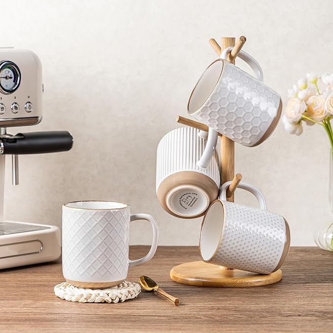 GBhome Coffee Mugs Set of 4, 12oz Handmade Stoneware Coffee Mugs Set with Large Handle for Cappuccino/Latte/Tea/Hot Cocoa, Dishwasher & Microwave Safe, Off White