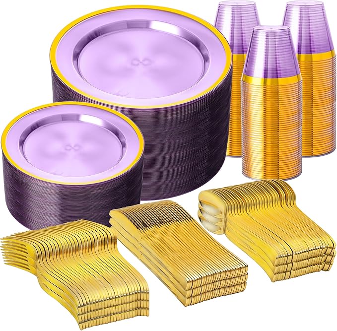 N9R 600PCS Disposable Plastic Plates, Purple Plastic Dinnerware Set Includes 100 Dinner Plates, Dessert Plate, Cups, Spoons, Forks, Knives for 100 Guests, Perfect for Party, Wedding, Birthday