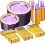 N9R 600PCS Disposable Plastic Plates, Purple Plastic Dinnerware Set Includes 100 Dinner Plates, Dessert Plate, Cups, Spoons, Forks, Knives for 100 Guests, Perfect for Party, Wedding, Birthday