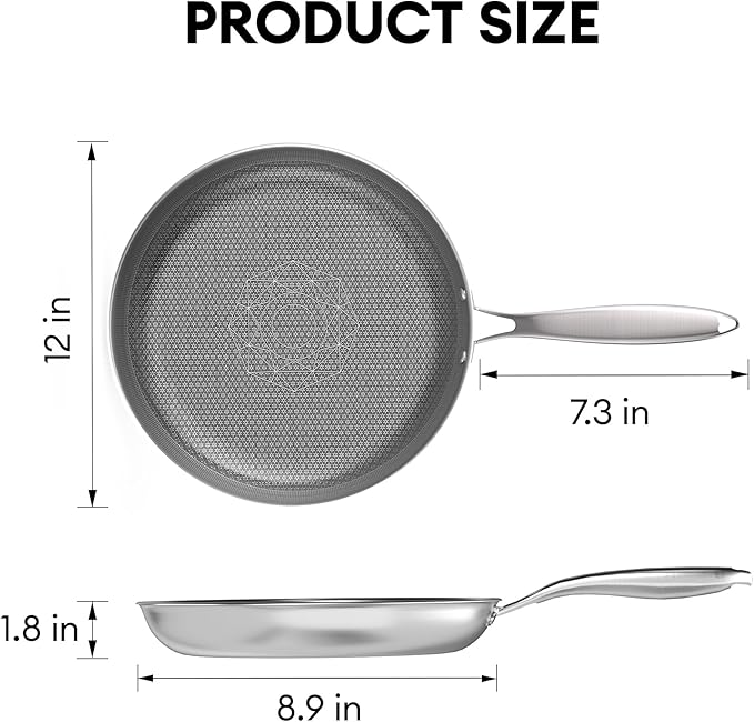 COOKER KING 12-Inch Stainless Steel Pan, Hybrid Nonstick Frying Pan, Skillet, 3-Ply Clad Cookware, Even Heat Distribution, Dishwasher & Oven Safe, with Stay-Cool Handle, Induction Compatible