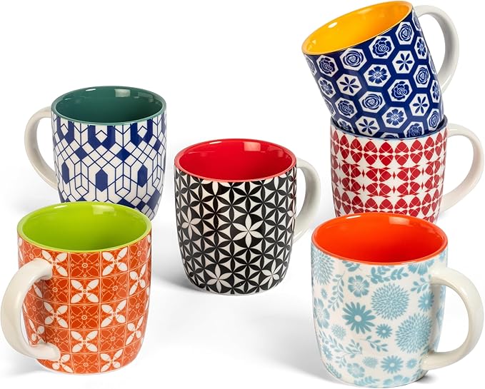 Annovero Small Coffee Cups - 11.7 Oz Capacity - Porcelain Kitchen Mugs for Tea, Latte, Cappuccino, or Hot Cocoa - Set of 6