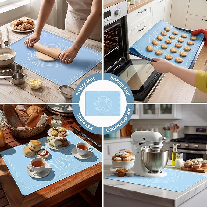 Silicone Baking Mat 20x16 Inches | Extra Thick Dough Rolling Mat with Measurements and Edge Heightening | Non-Stick Food Grade Pastry Mat for Pastry, Bread, Cookies, Pizza, Fondant & Pasta