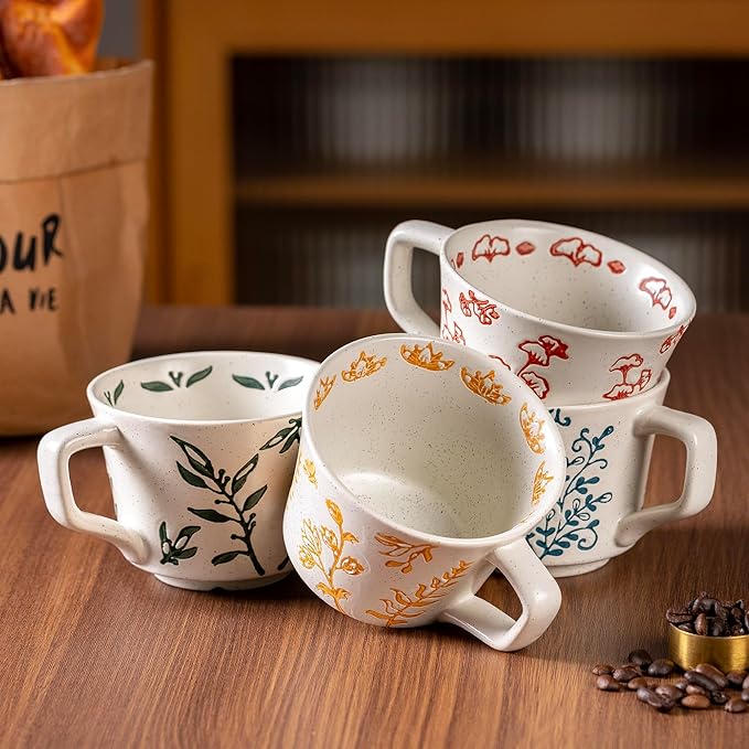 Ceramic Mugs 11 oz Unique Luxurious Cups Set of 4, Mug for Coffee Milk Latte Cappuccino Tea, Office Home Kitchen Use, Dishwasher Birthday Gift Microwave Freezer Safe Stoneware Mixed