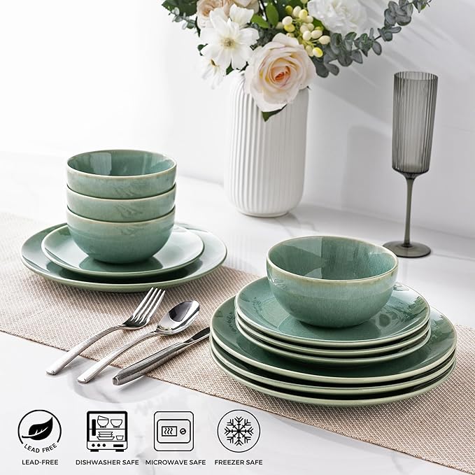GBHOME Dinnerware Sets with Double Bowls for 6, 24 Pieces Stoneware Plates and Bowls Set, Scratch Resistant Ceramic Dishes Set, Dishwasher & Microwave Safe-Malachite Green
