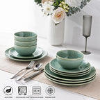 GBHOME Dinnerware Sets with Double Bowls for 6, 24 Pieces Stoneware Plates and Bowls Set, Scratch Resistant Ceramic Dishes Set, Dishwasher & Microwave Safe-Malachite Green